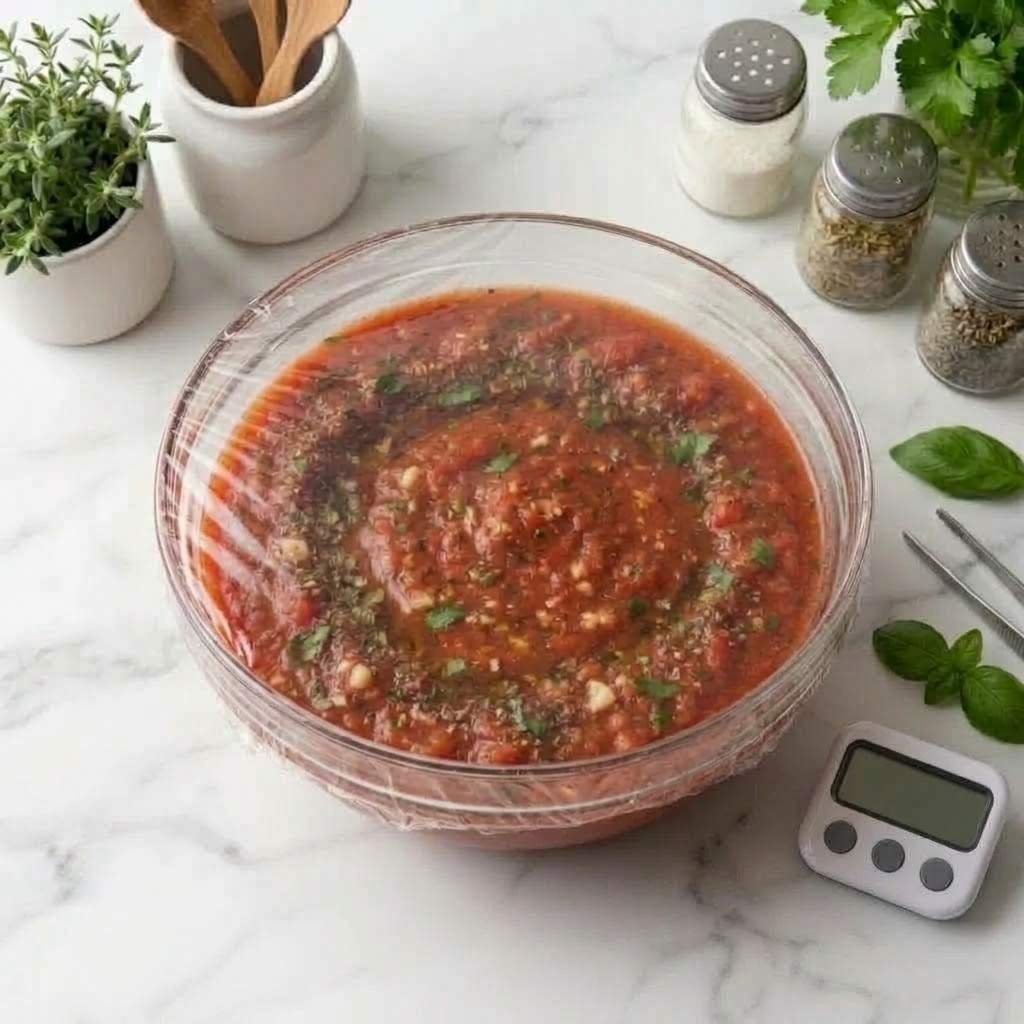 Cover the bowl and let the pizza sauce rest for at least 30 minutes at room temperature or chill it in the refrigerator for a few hours.