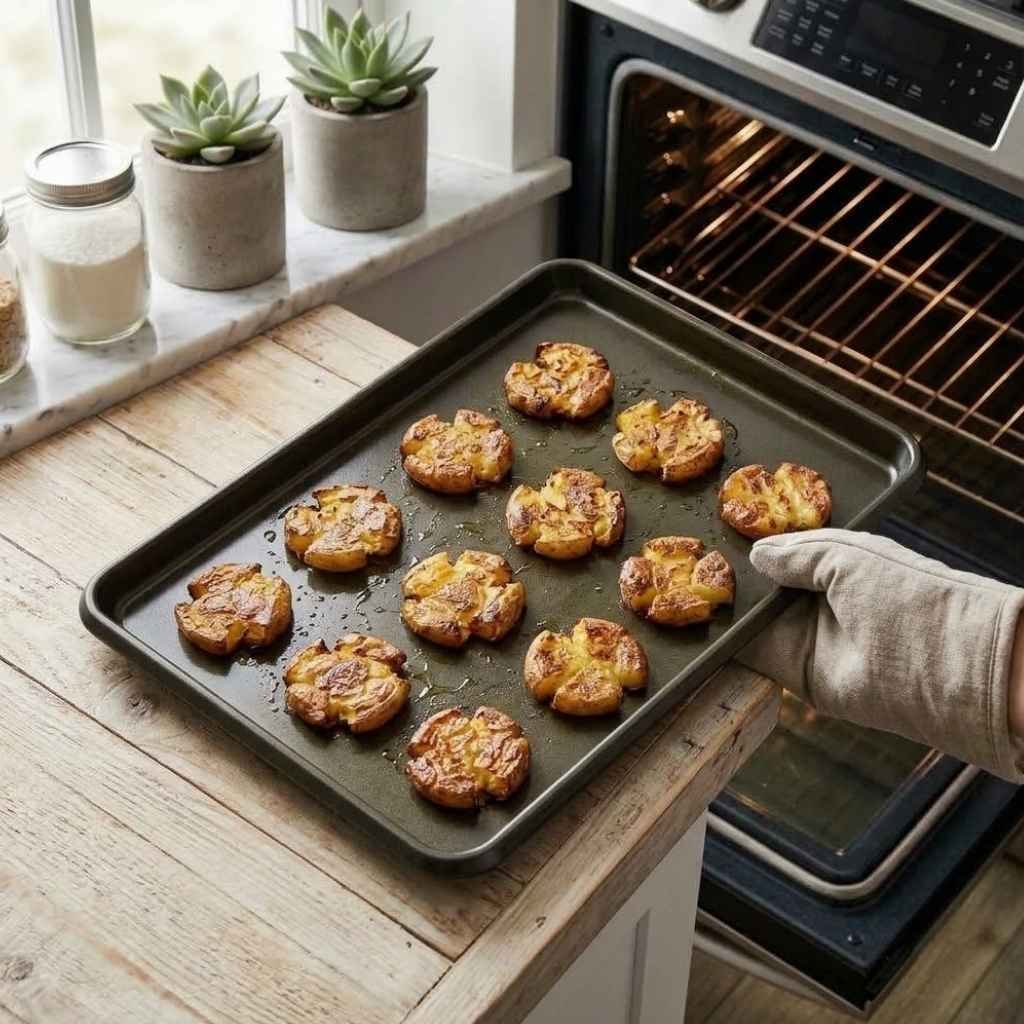 Bake the potatoes for 25 to 30 minutes until the edges are deeply golden and crispy. Cooking time may vary depending on potato size and oven temperature.