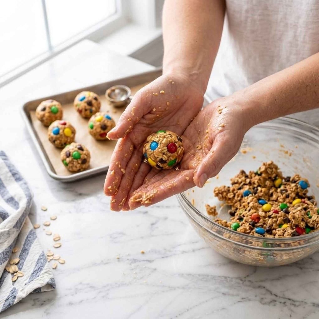 Use a spoon or cookie scoop to portion the mixture into equal sizes. Roll each portion between your palms until smooth and round.