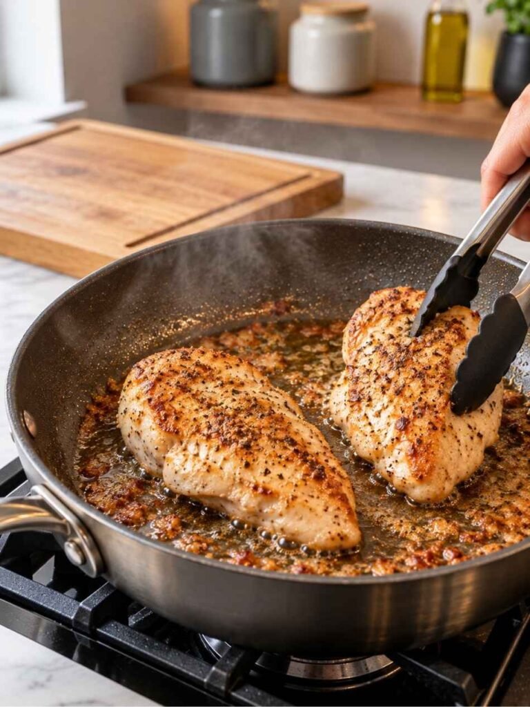 Add the olive oil to the bacon grease and heat the skillet over medium-high heat. Place the chicken in the hot skillet and sear for 6–8 minutes per side, or until golden brown and cooked through.