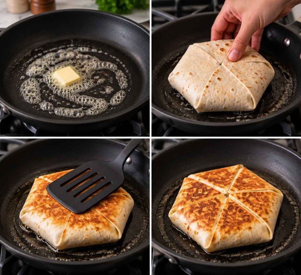 Step 6: Sear to Seal Heat a large skillet or griddle over medium heat and melt a little butter or oil in the pan. Carefully place the crunchwrap into the skillet seam-side down.