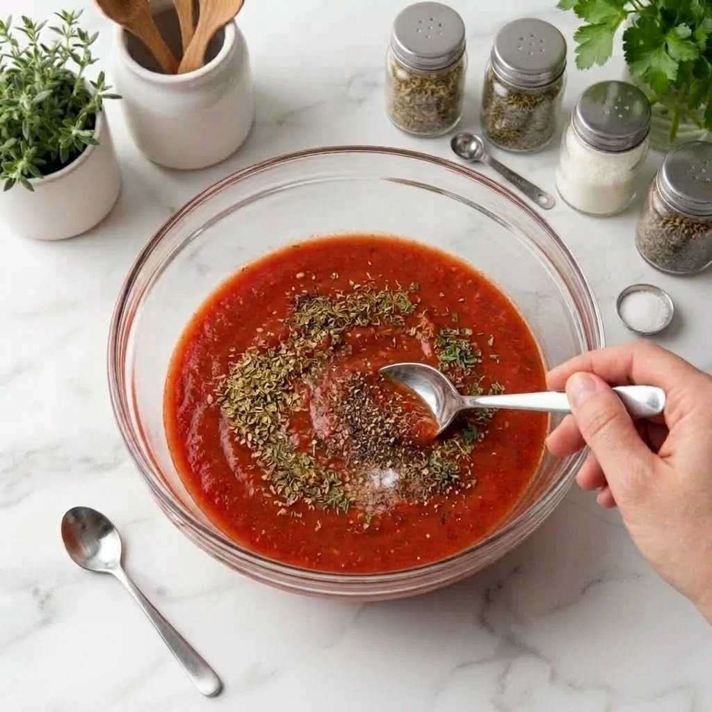 Add dried oregano, dried basil, salt, black pepper, and a small pinch of sugar if needed. Mix everything together until the herbs are evenly combined.