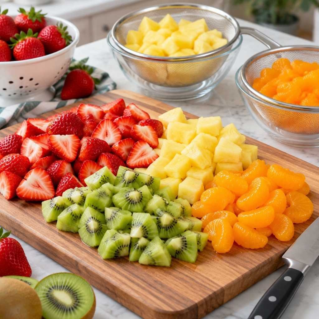 Wash the strawberries and remove the stems. Cut them into small pieces that are easy to scoop and eat.