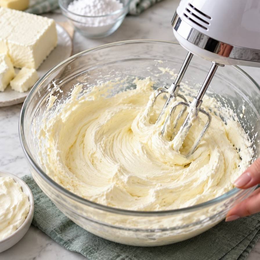 Using a hand mixer, beat the cream cheese for about 2 to 3 minutes until it becomes completely smooth and creamy.