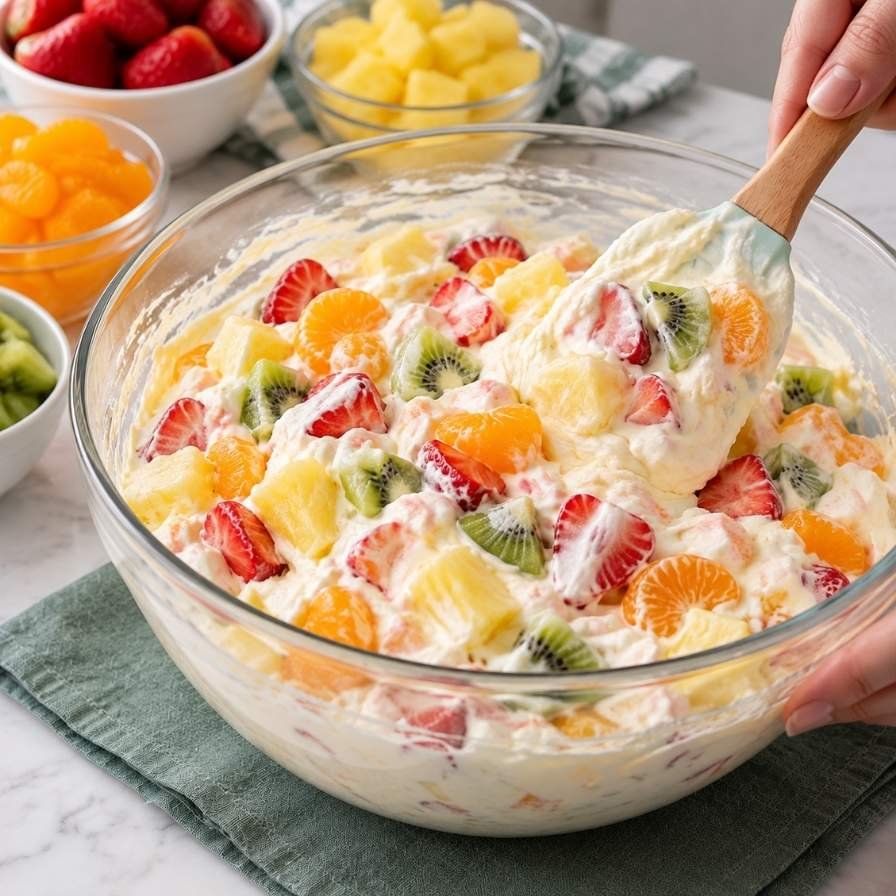 Add the chopped strawberries, pineapple chunks, mandarin oranges, and kiwi into the cheesecake filling.