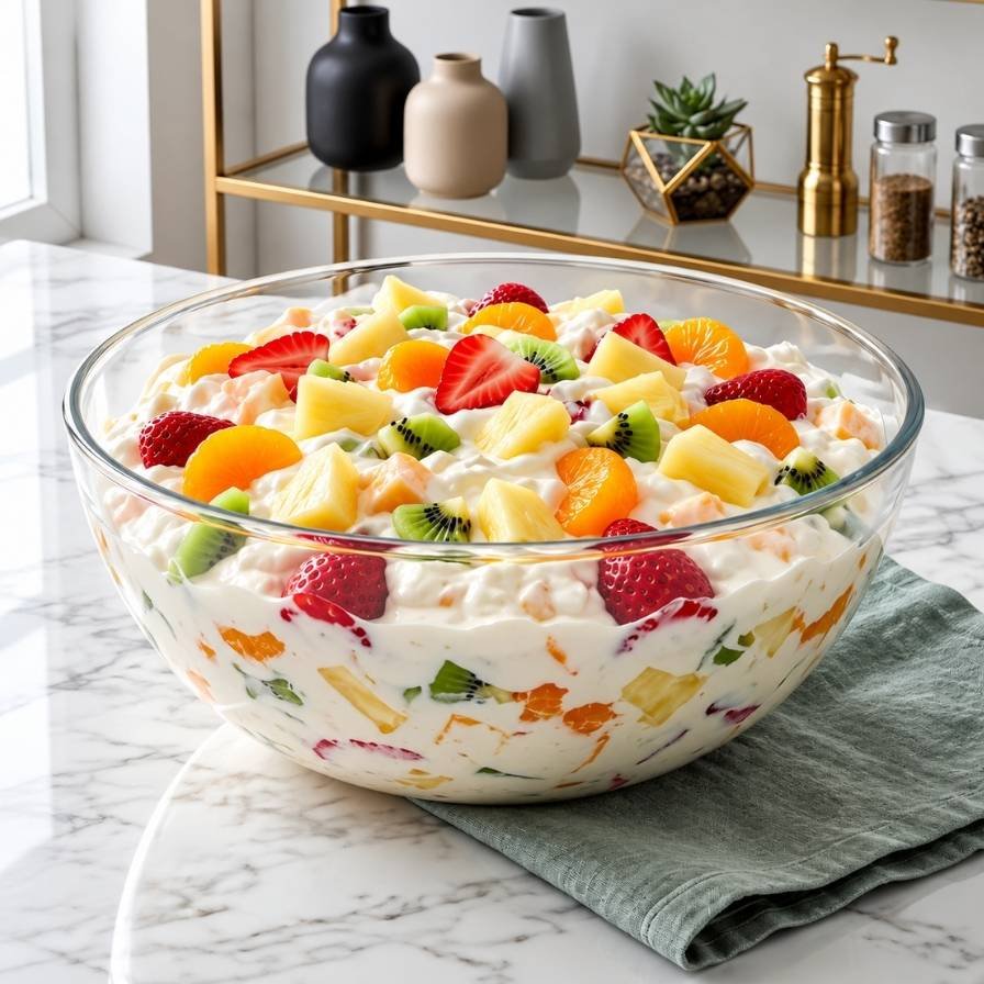 This Hawaiian cheesecake salad recipe is a creamy, no-bake dessert that combines fresh fruit with a smooth cheesecake-inspired filling.