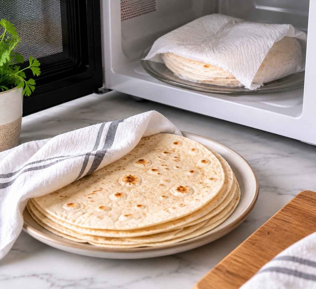 Step 2: Warm the Tortillas (Crucial Step!) Flour tortillas will tear if you try to fold them cold. Wrap your large burrito-sized tortillas in a damp paper towel and microwave them for 15-20 seconds to make them warm and pliable.