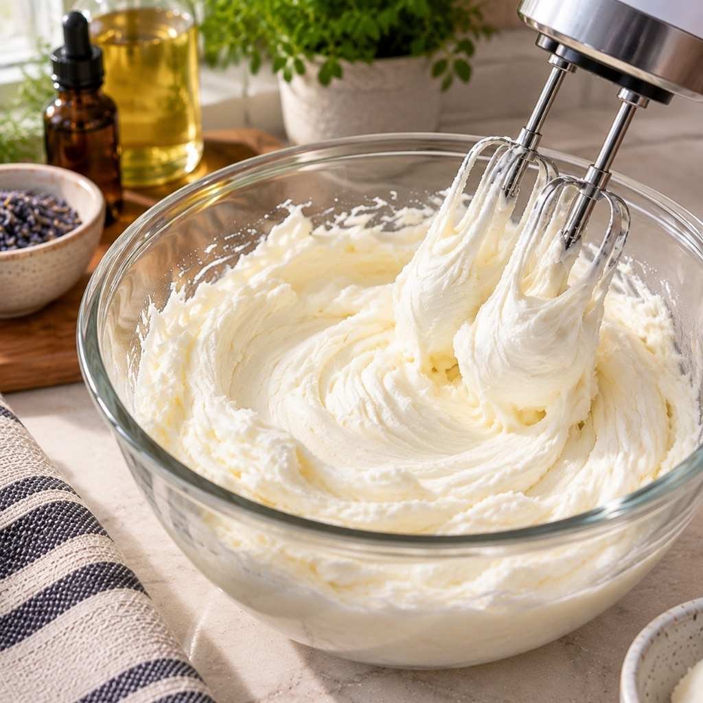 Using a hand mixer or stand mixer, whip the chilled tallow mixture until it becomes light, fluffy, and creamy.