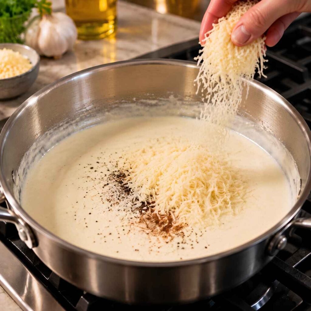 Add the Cheese. Off the Heat: Take the pan off the burner and let it sit for 20 seconds,