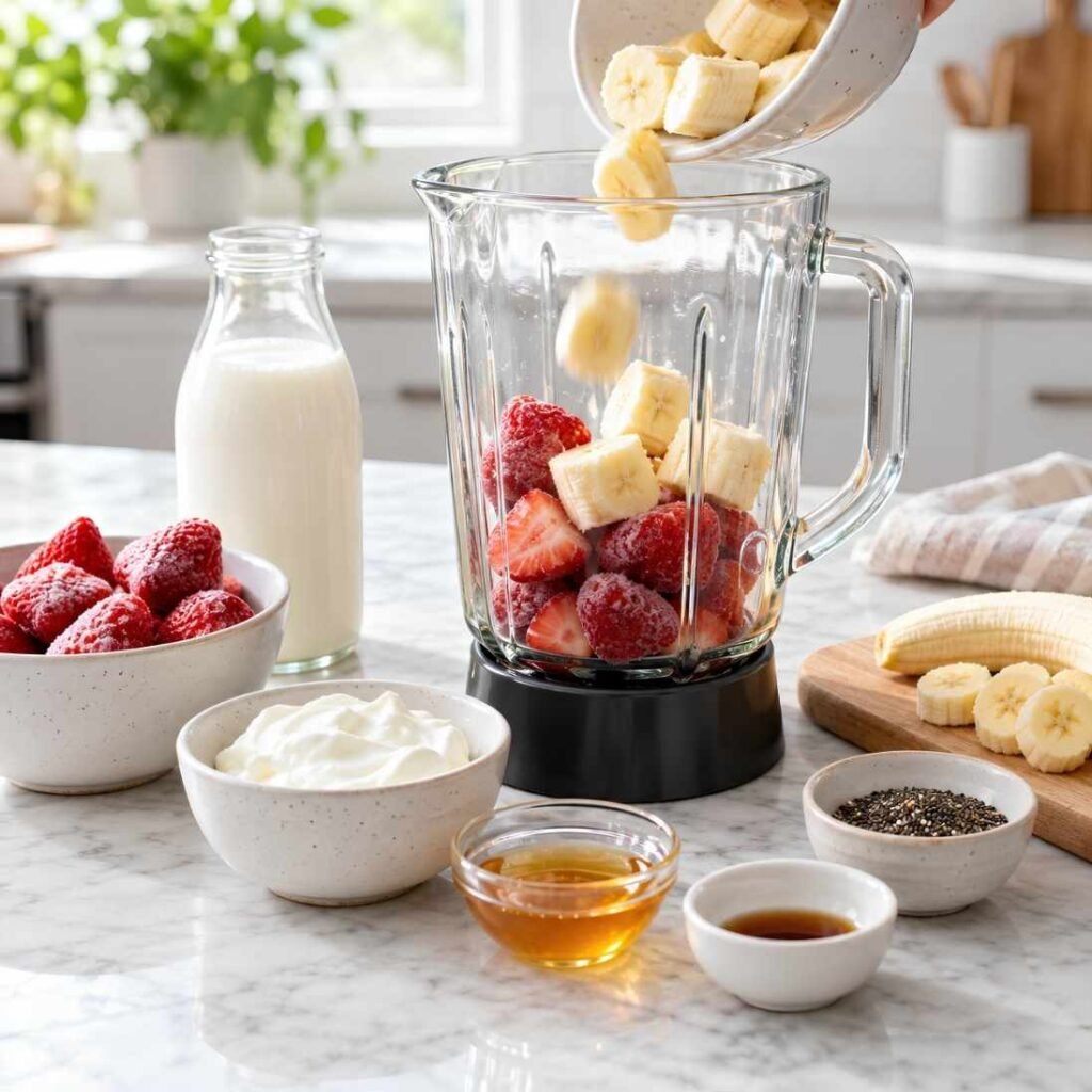 Add the Ingredients to the Blender Add the frozen strawberries and banana pieces to the blender first