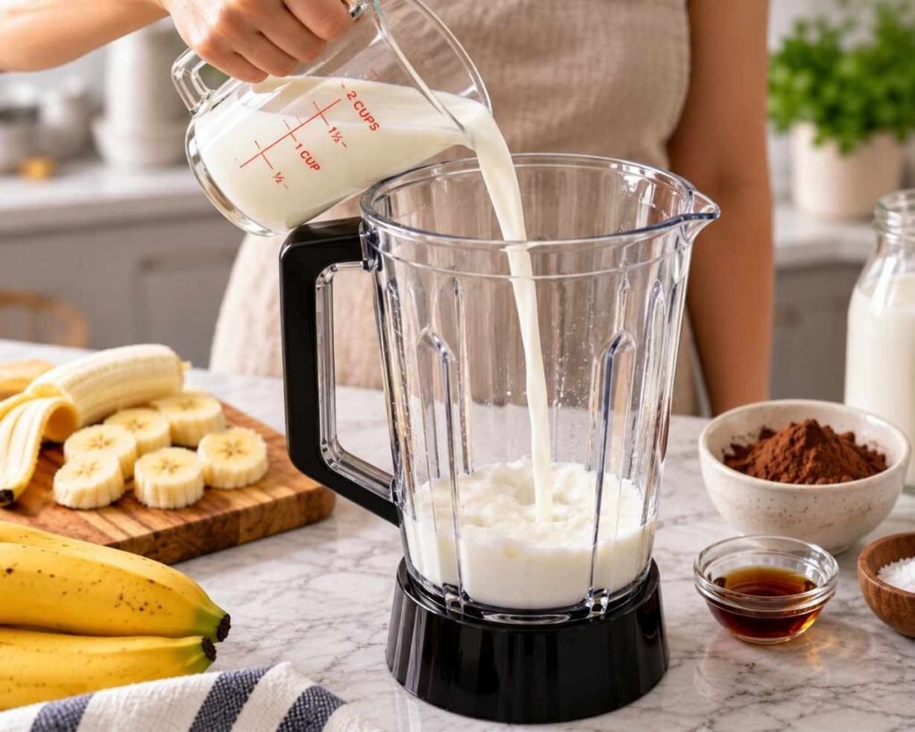 Add the Milk Pour the milk into the blender first. Adding the liquid before the frozen ingredients