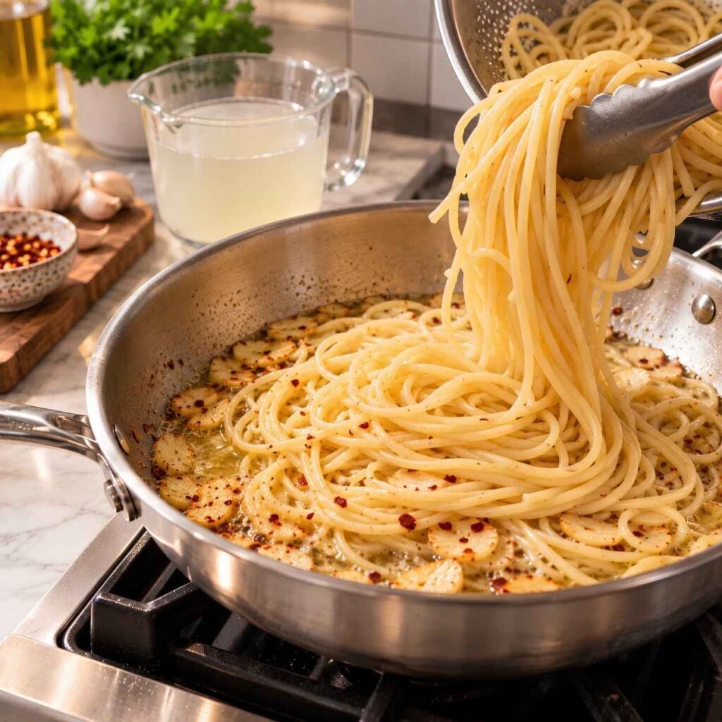 Add the Pasta and Half the Water. Add the drained pasta to the skillet along with 1/2 cup of the pasta water. 