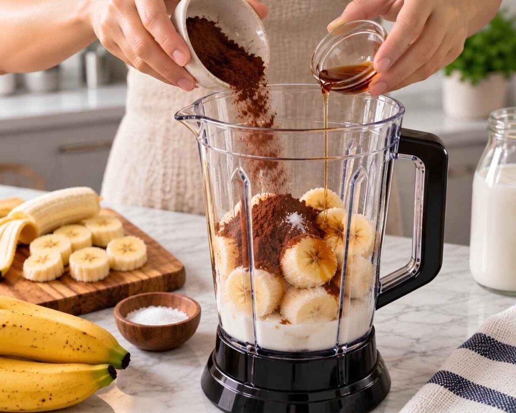Add the Remaining Ingredients
Add the cocoa powder, vanilla extract, frozen banana, and a small pinch of salt if using.