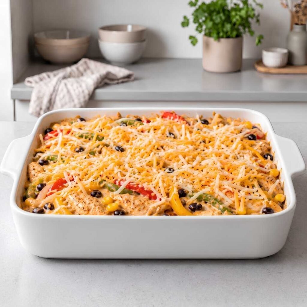 Assemble the Casserole
Transfer the chicken mixture into a greased 9×13-inch baking dish.