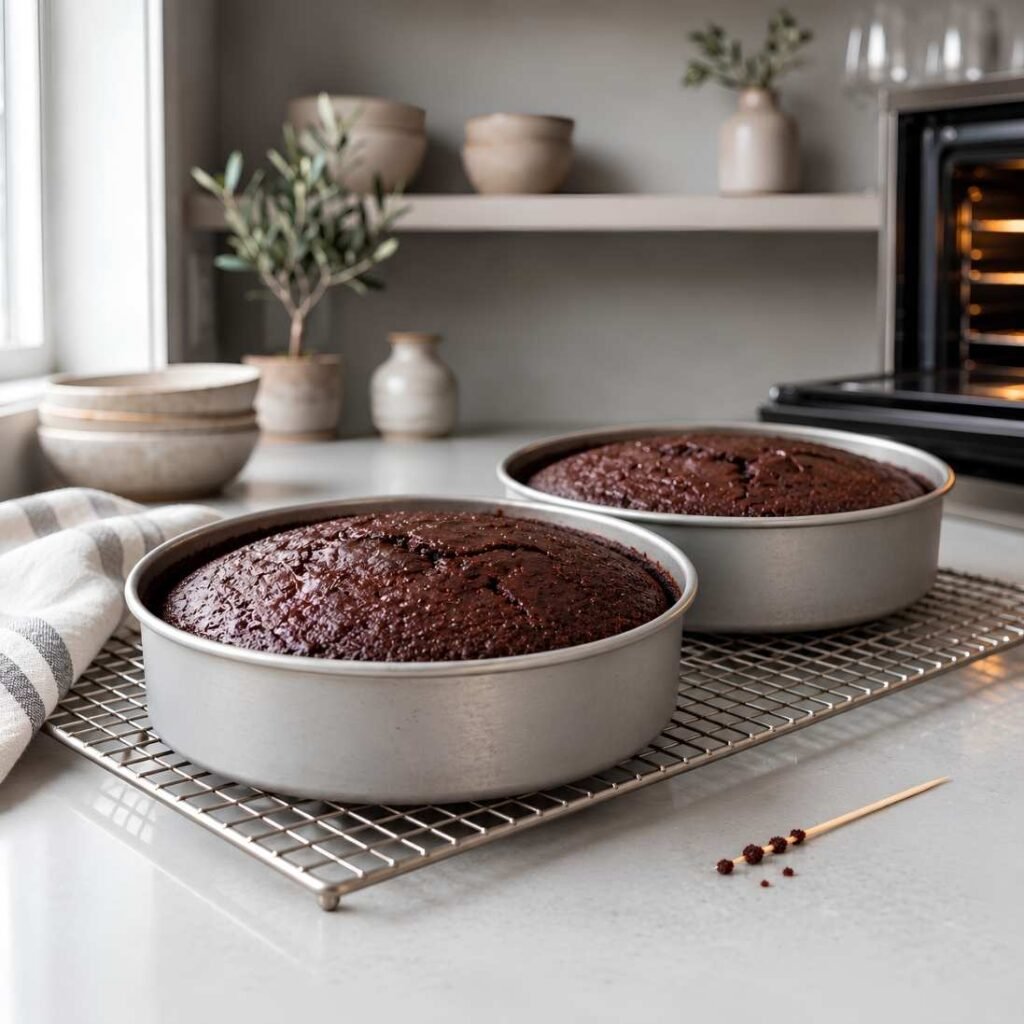  Bake. Divide the batter evenly between the pans and bake for 30 to 35 minutes. 