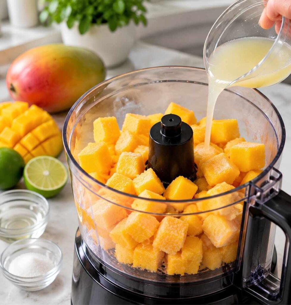 Blend. Put the frozen mango, cooled syrup, lime juice, and the corn syrup or vodka if using