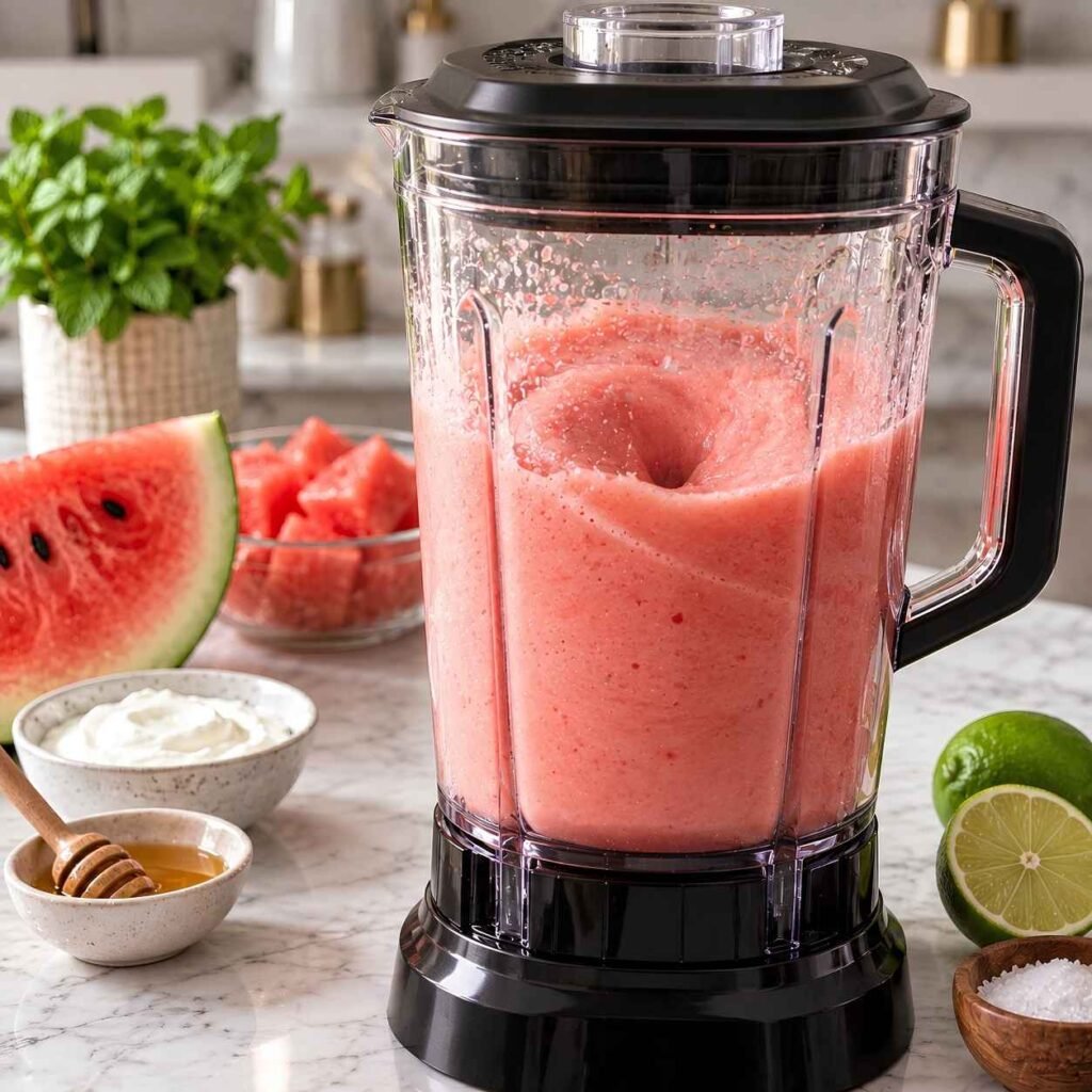 Blend Until Smooth
Blend on high until the watermelon breaks down into a thick, smooth mixture.