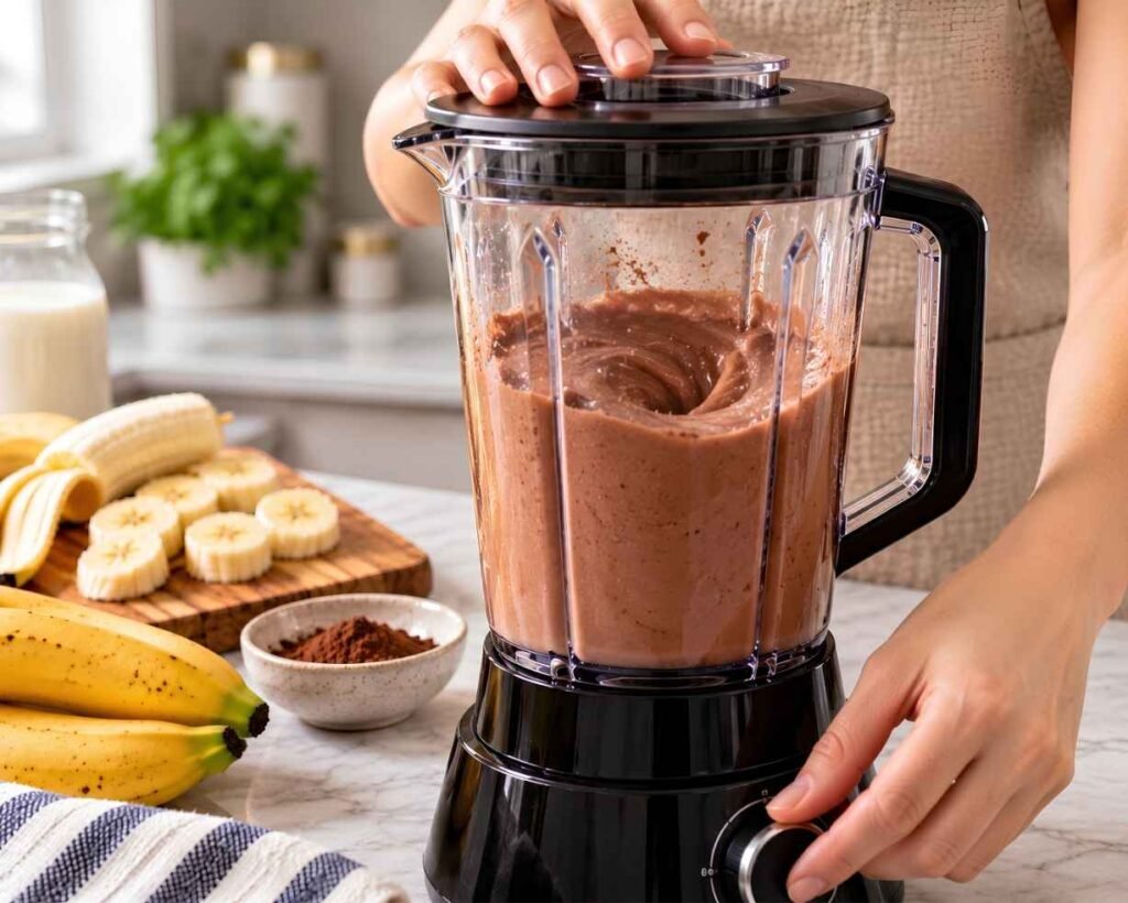 Blend Until Smooth
Blend for about 30 to 60 seconds, or until the smoothie is creamy and no large banana pieces