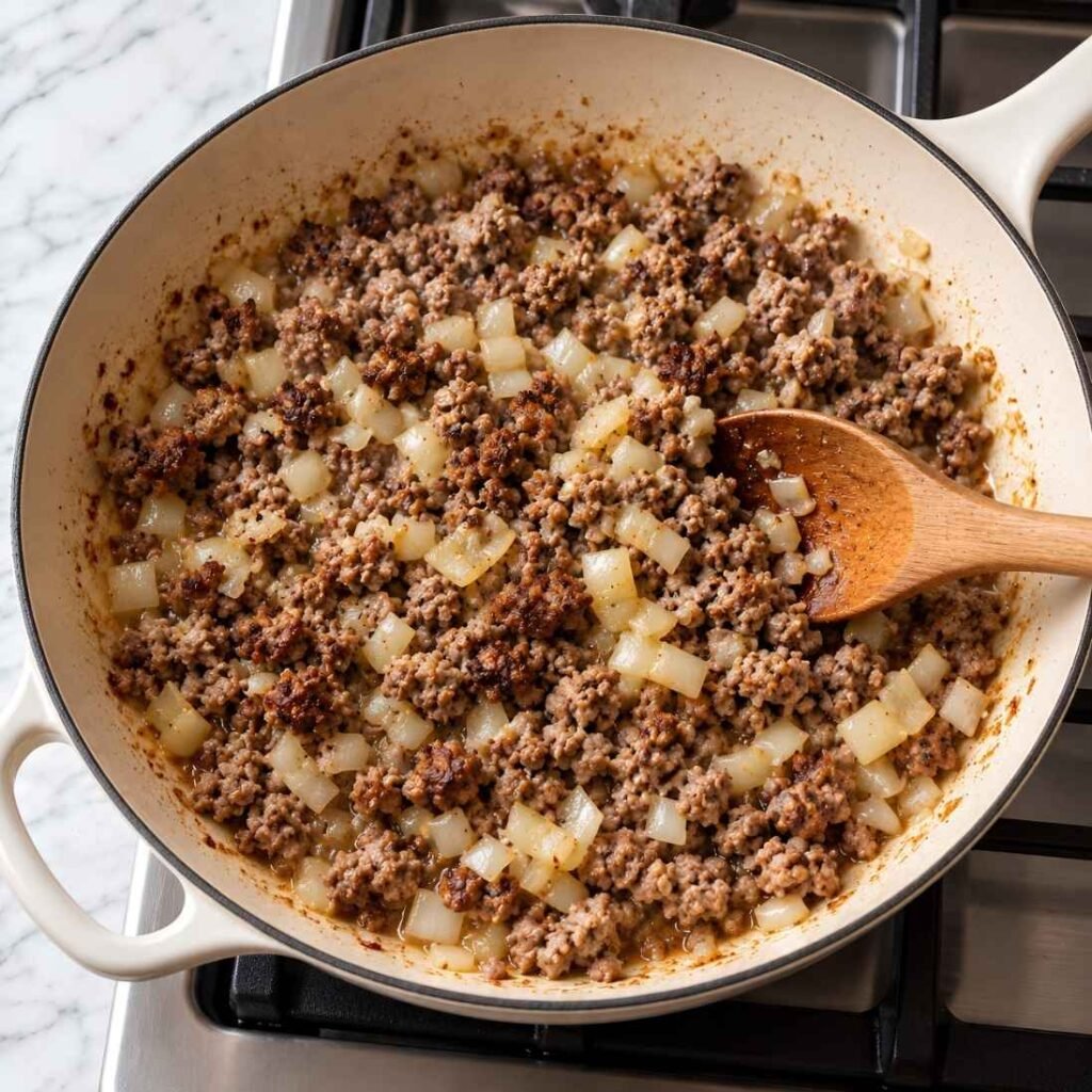  Brown the Meat and Onion. Heat a skillet over medium-high.