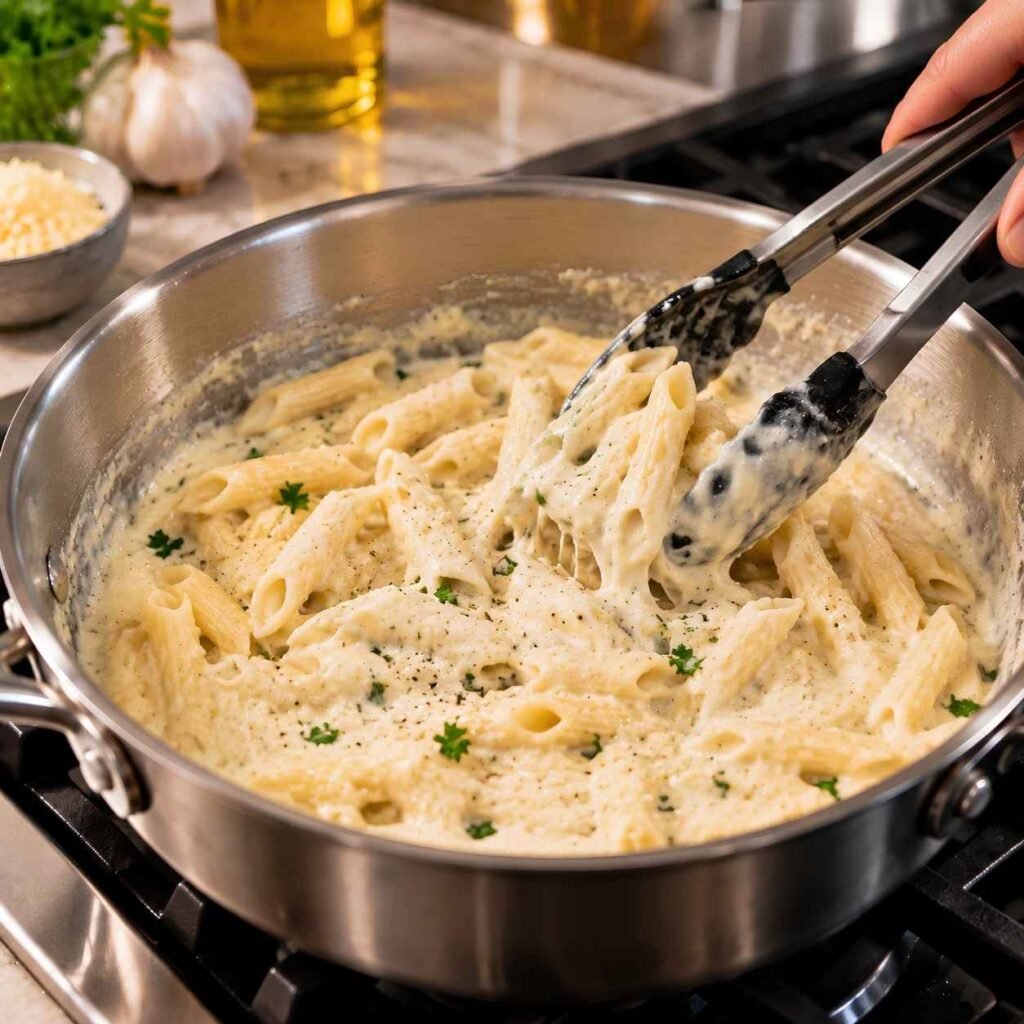 Combine and Serve. Add the drained pasta directly to the sauce with a splash of the reserved pasta water