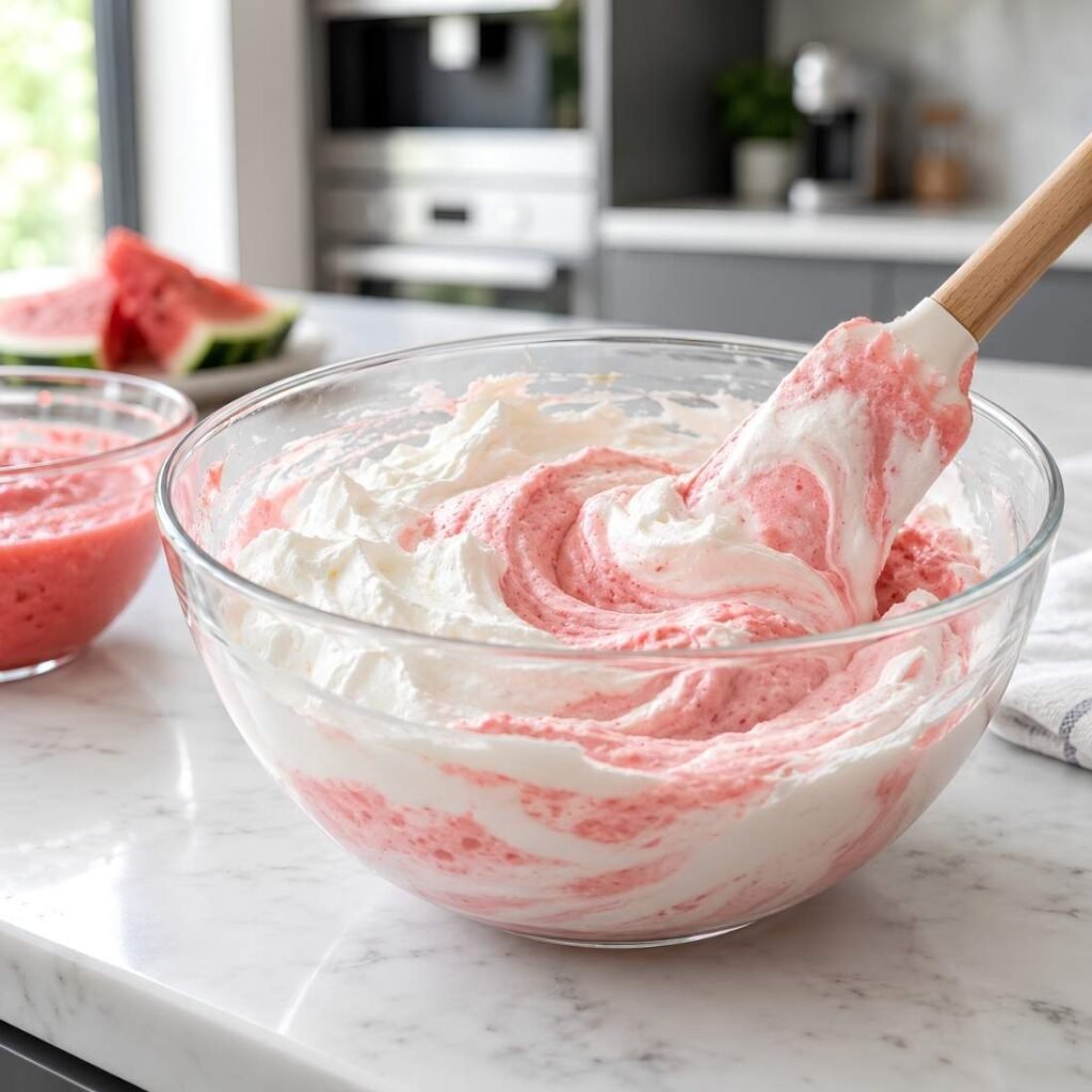 Combine the Ice Cream Base

Gently fold the watermelon mixture into the whipped cream using a rubber spatula.