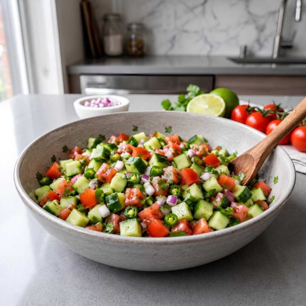 Combine the Salsa Ingredients

Add the prepared cucumber, tomatoes, red onion, jalapeño,