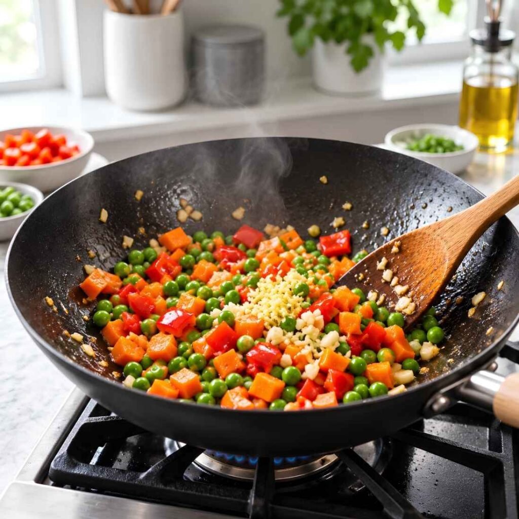 Cook the Aromatics and Vegetables. Raise the heat back to high and add the remaining oil.
