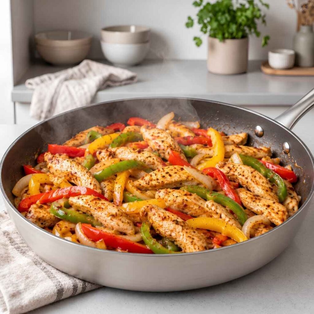 Cook the Chicken and Fajita Vegetables
Heat olive oil in a large skillet over medium-high heat.