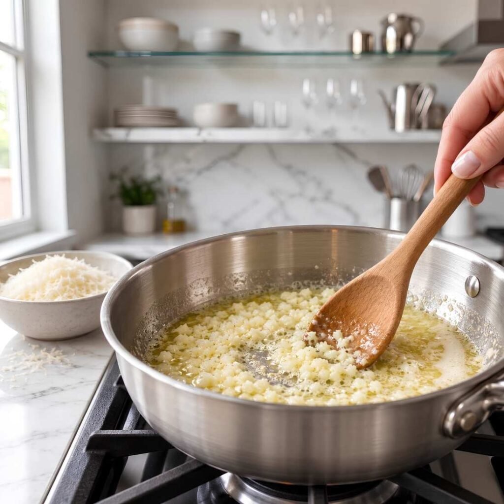 Cook the Garlic Gently. Melt the butter in a heavy saucepan over medium-low heat. 