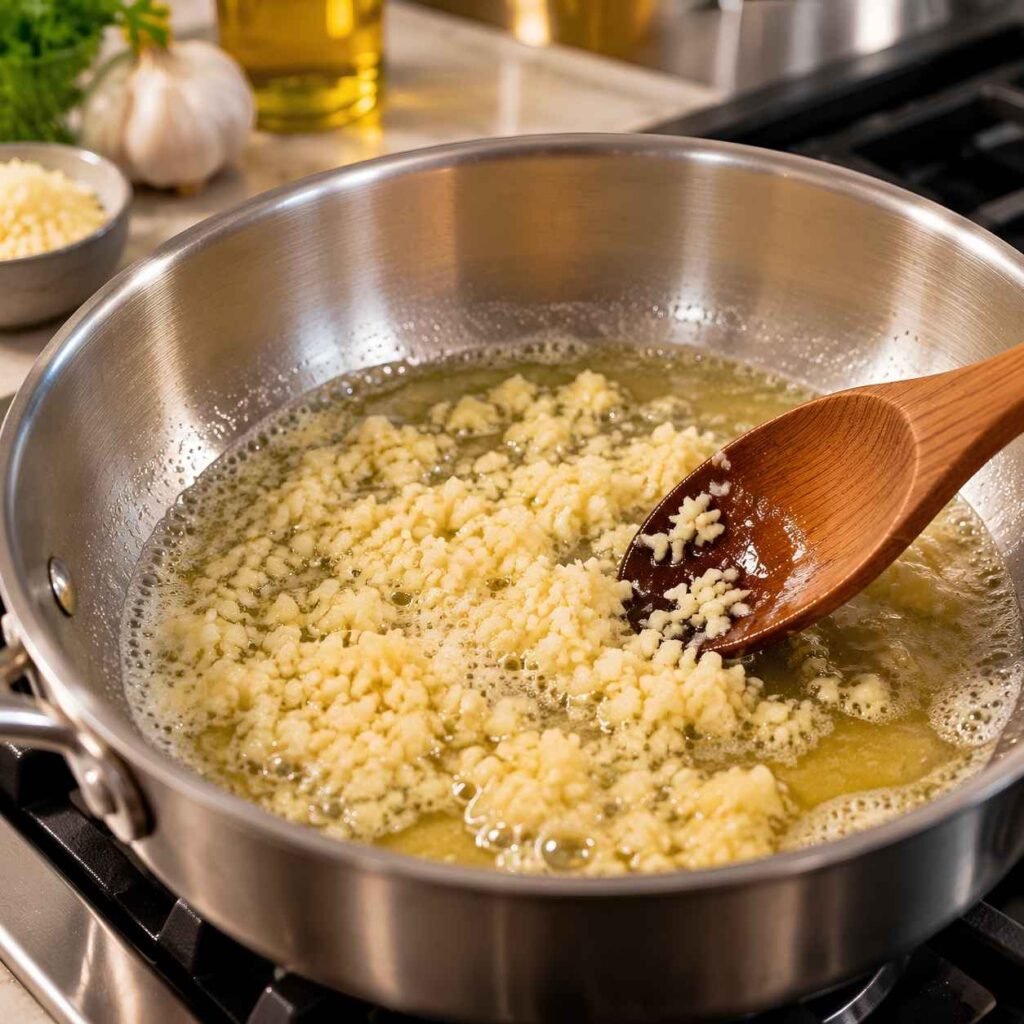 Cook the Garlic in the Butter. Melt the butter in a heavy saucepan over medium-low heat.