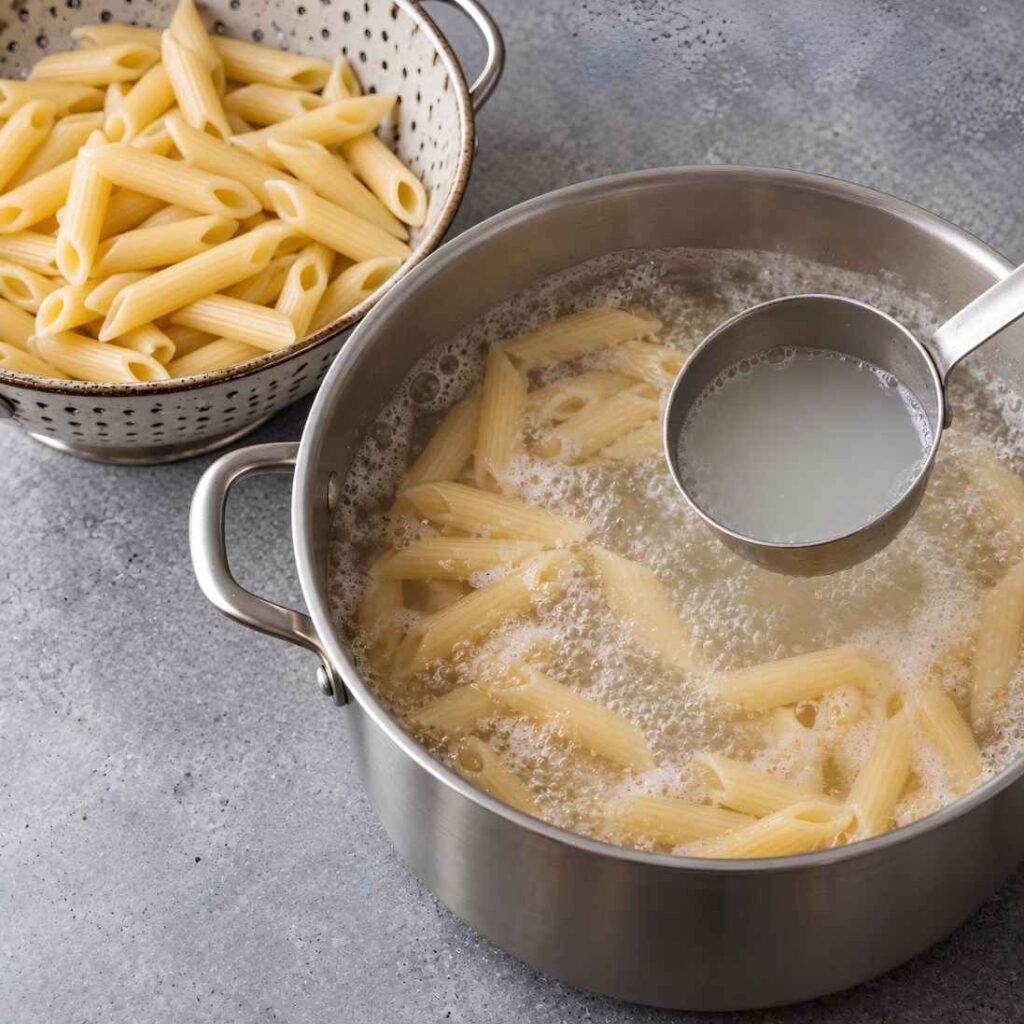 Cook the Pasta. Add the penne to the boiling water