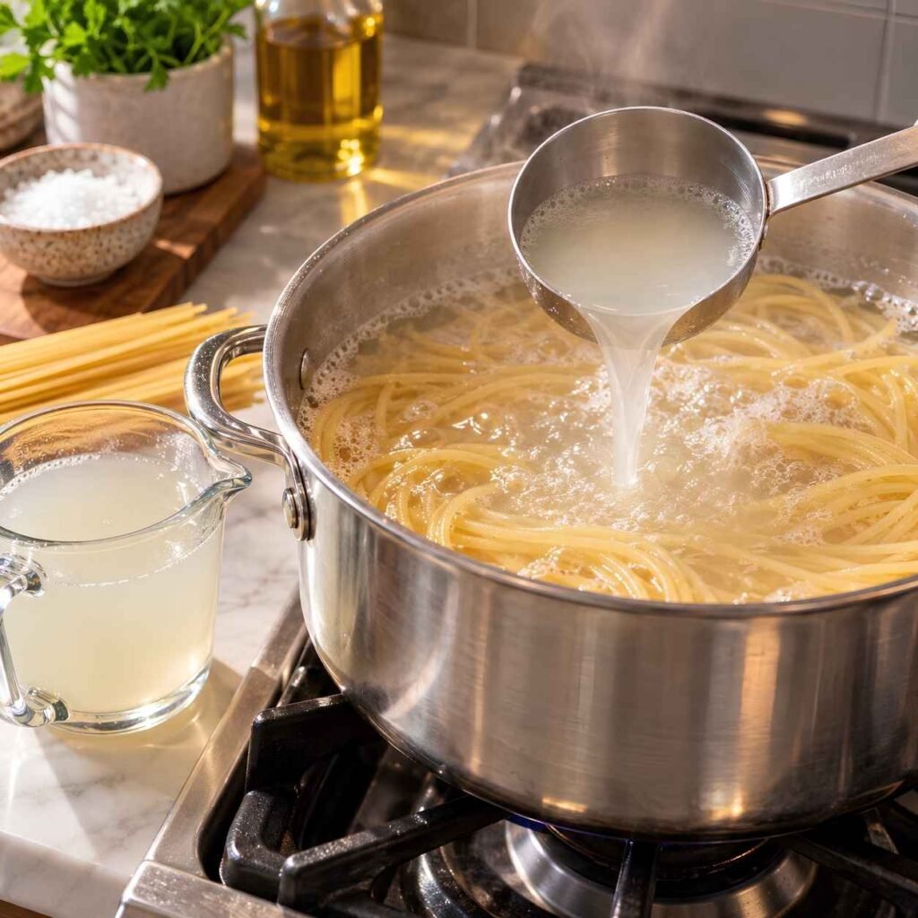 Cook the Pasta and Save the Water. Bring a large pot of well-salted water to a boil and cook the pasta to al dente.