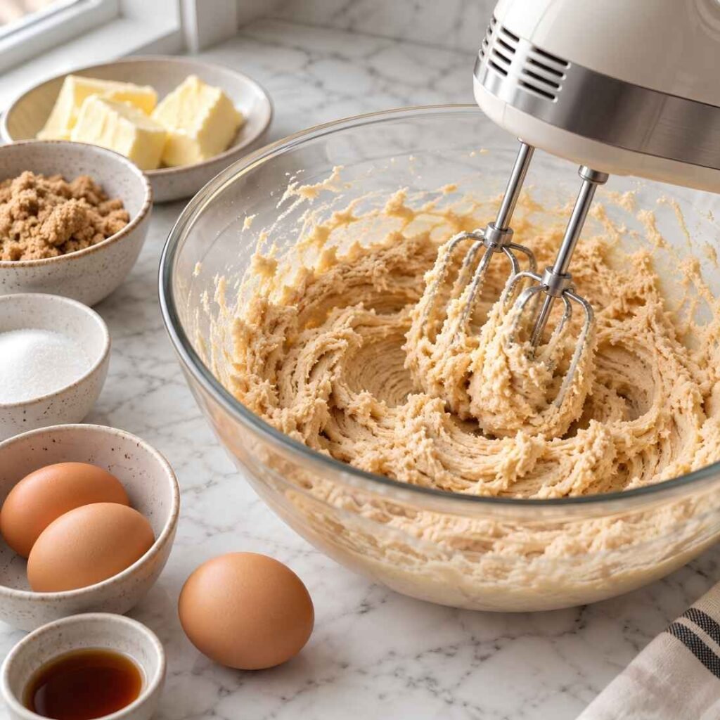 Cream the Butter and Sugars. Beat the softened butter with both sugars