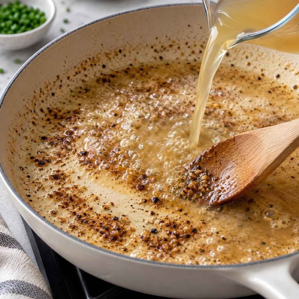 Deglaze the Pan. Lower the heat to medium and pour in the broth.