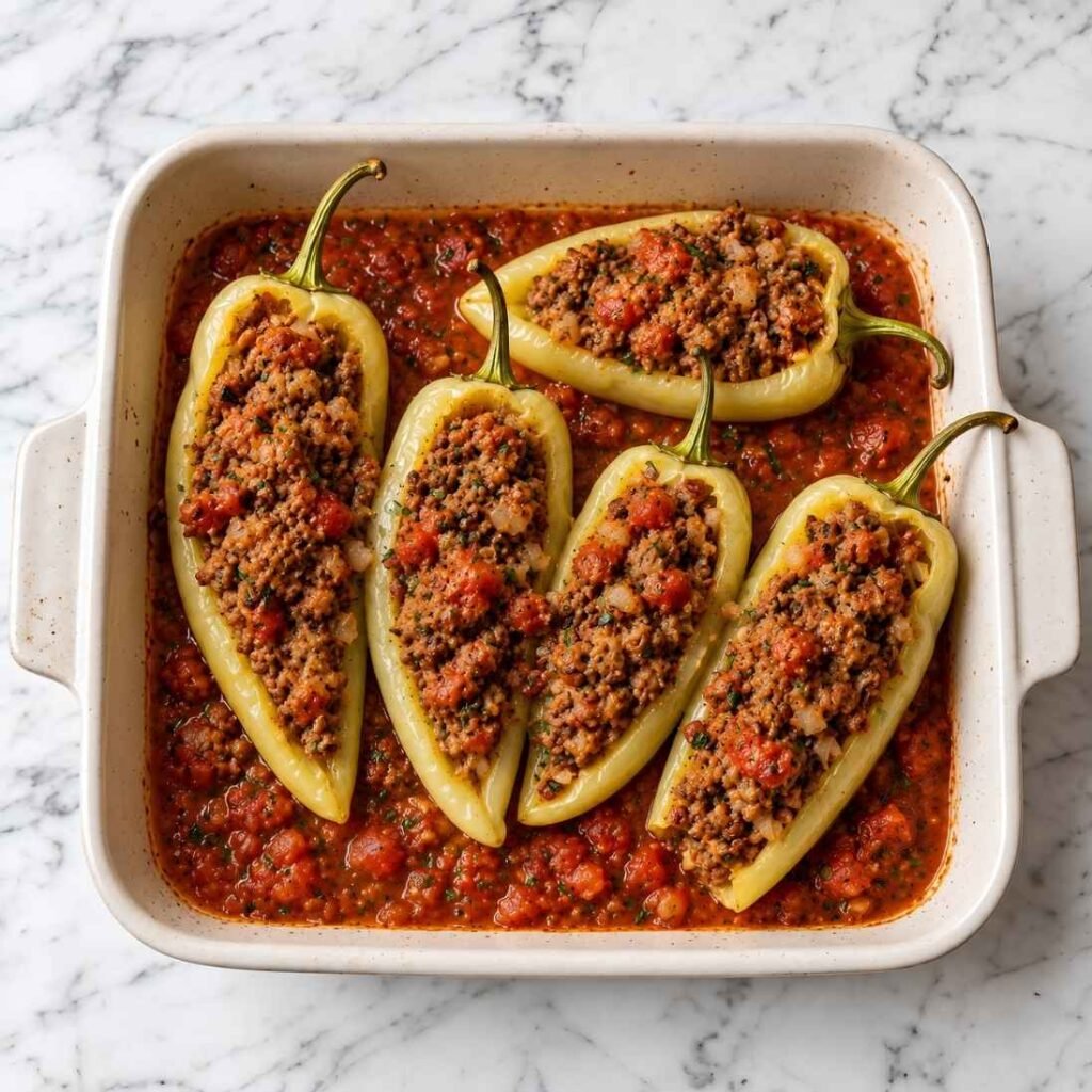 Fill the Peppers. Spread the remaining 1/2 cup of tomato sauce across th