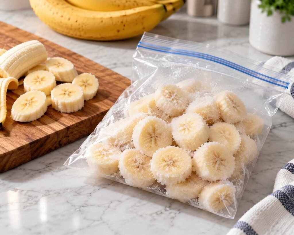 Freeze the Banana
Peel and slice a ripe banana, then place the pieces in a freezer-safe bag or container.