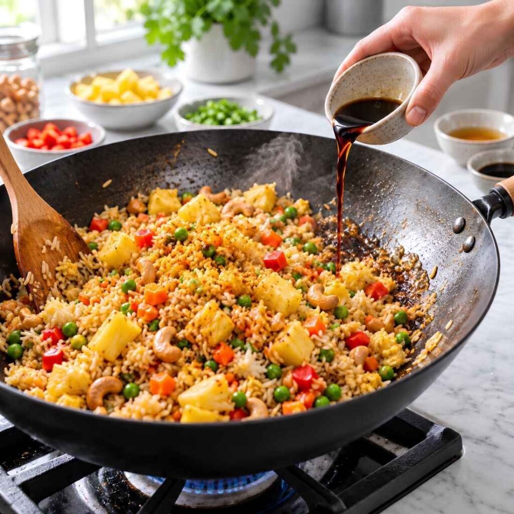 Fry the Rice. Add the chilled rice, breaking up the clumps with a flat spatula.
