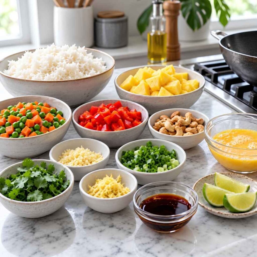 Get Everything Ready First. Cut the pineapple, dice the pepper, mince the garlic, grate the ginger, beat the eggs,