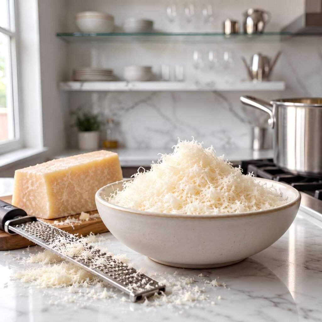 Grate the Cheese First. Before anything goes on the heat, 