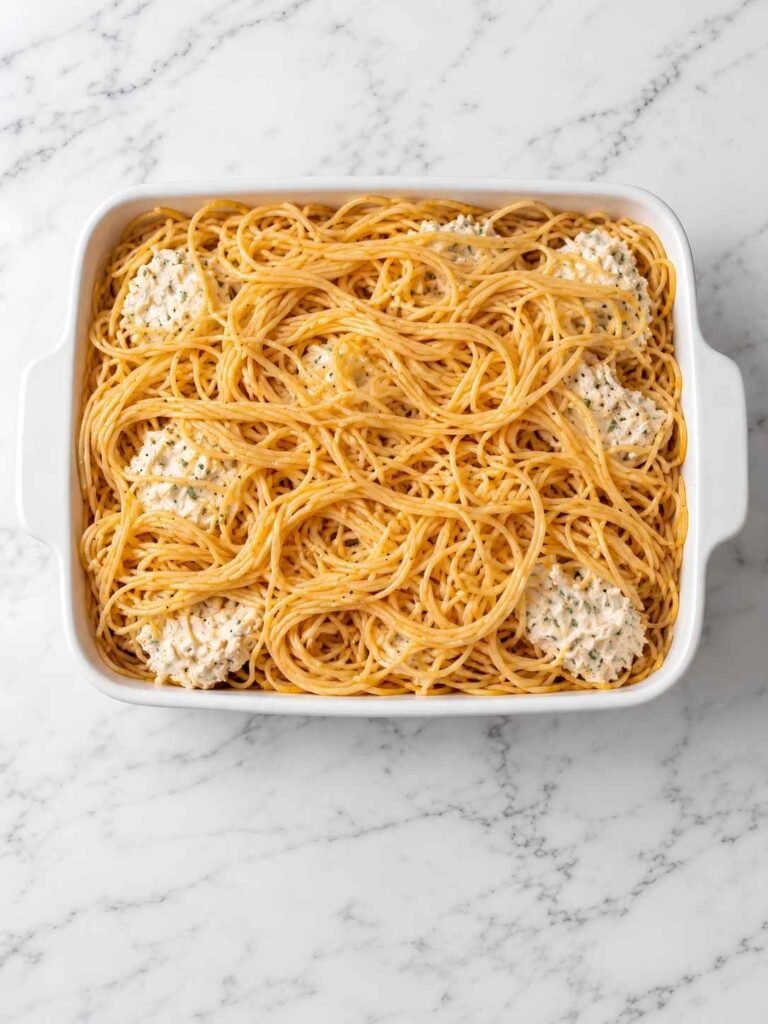 Layer the Casserole Spread. Half the buttered spaghetti in the dish.