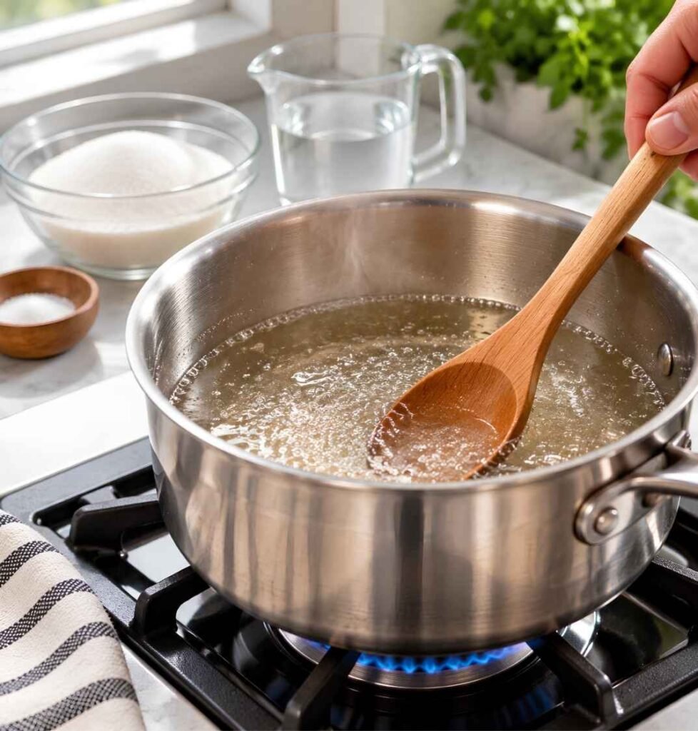 Make and Cool the Syrup. Combine the water, sugar, and salt in a small saucepan and heat over medium heat,