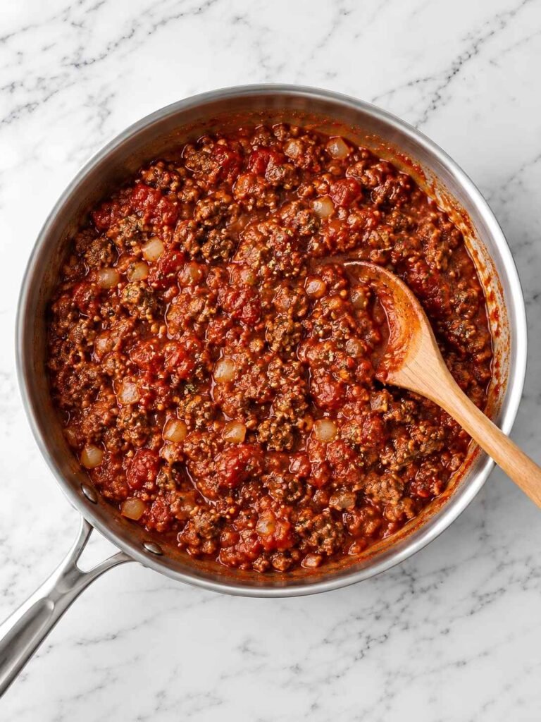 Make the Meat Sauce. Heat a 12-inch skillet over medium-high.