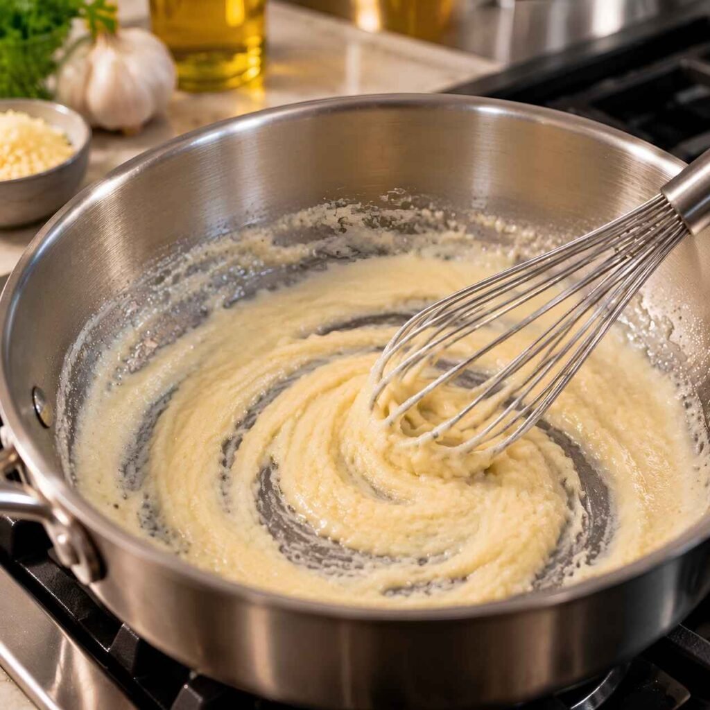 Make the Roux. Whisk in the flour and cook for 1 minute, whisking the whole time.