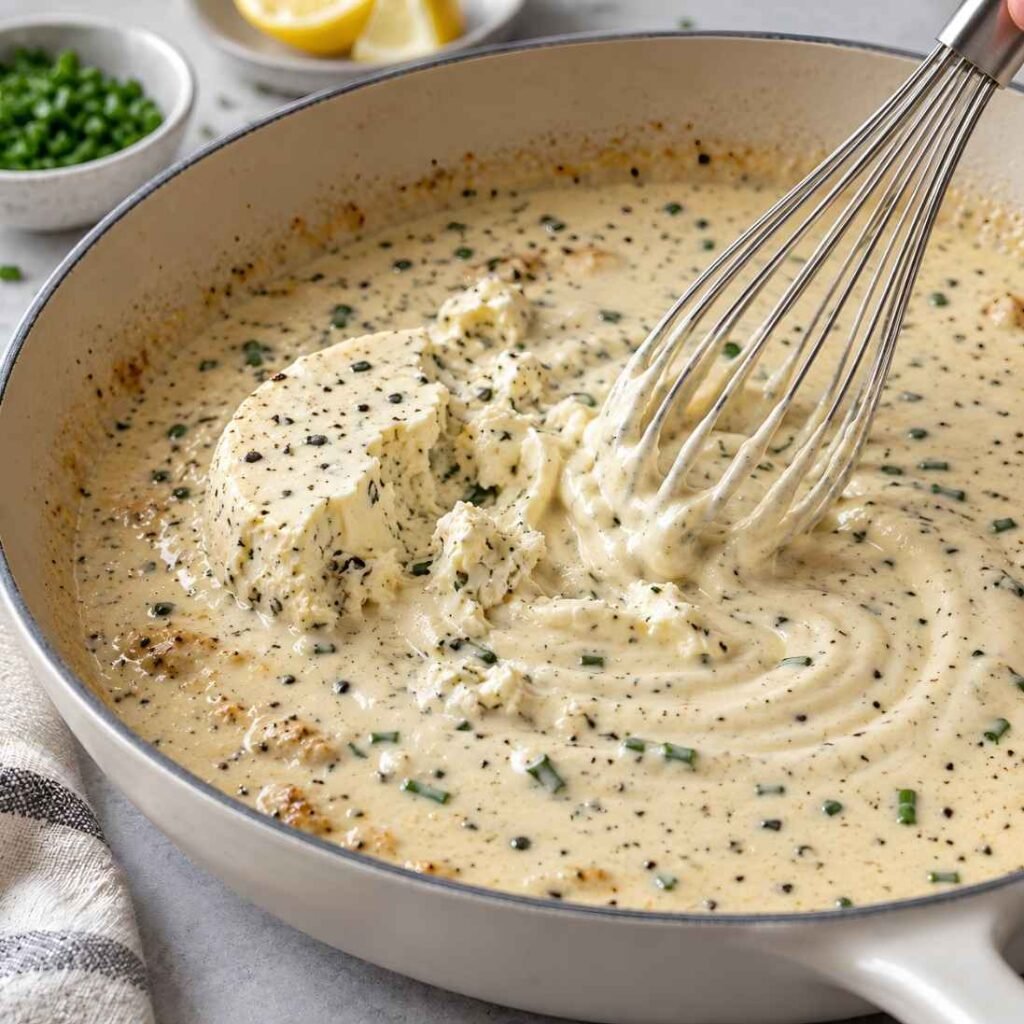 Melt in the Boursin. Lower the heat to medium-low so the broth is barely moving