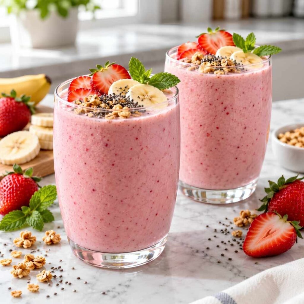 Pour and Garnish Pour the smoothie immediately into two chilled glasses