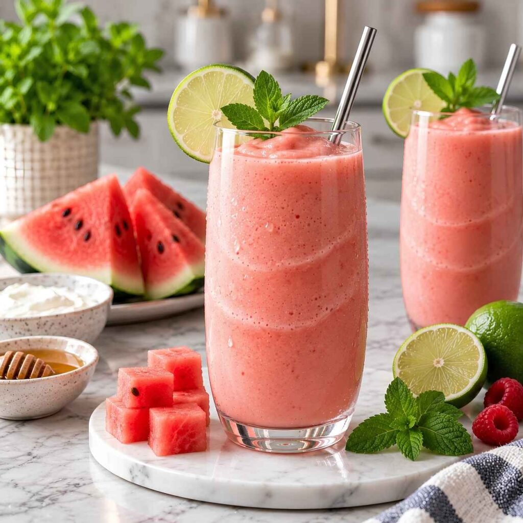 This easy, healthy watermelon smoothie recipe turns sweet frozen watermelon into a thick,