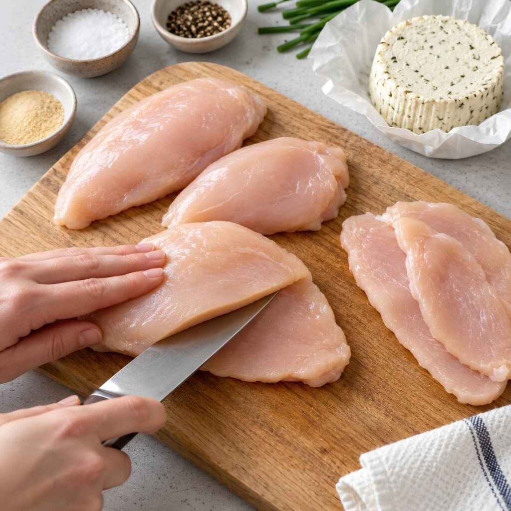 Prep the Chicken and the Cheese. Take the Boursin out of the fridge now