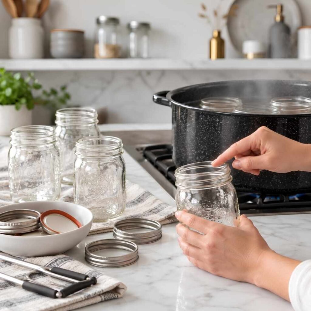 Prepare the Canner and Jars. Fill the water bath canner about half full and set 
