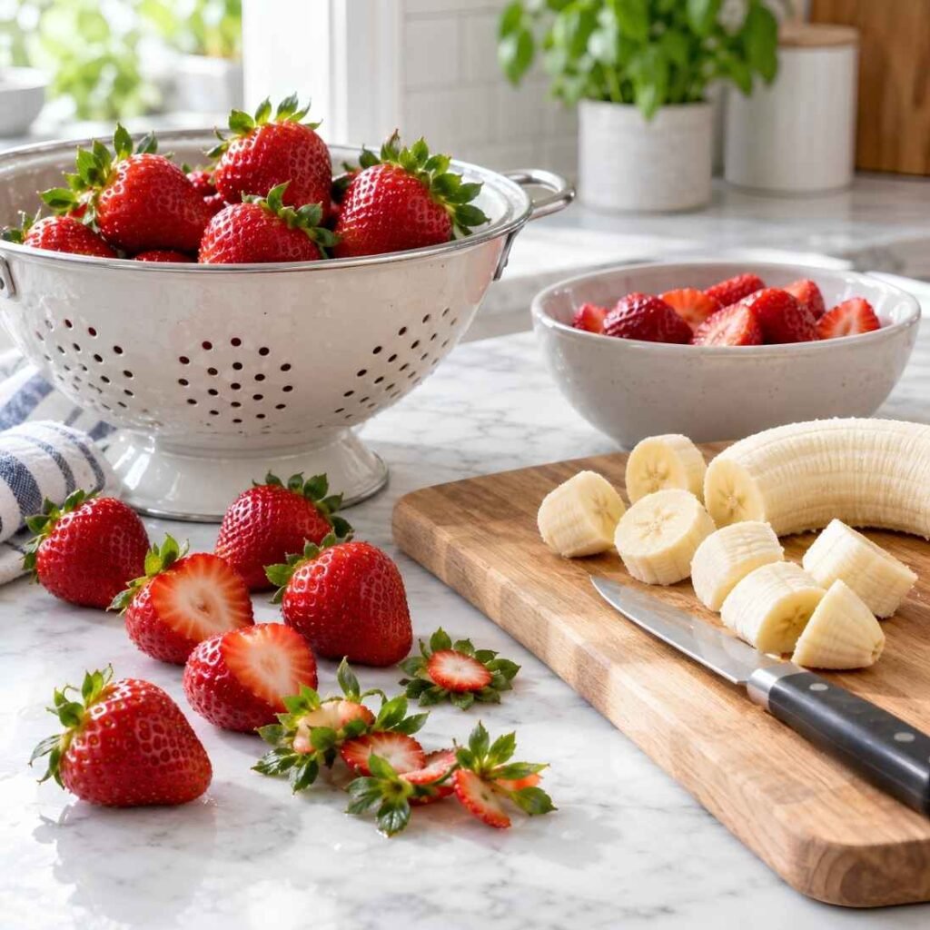 Prepare the Fruit Wash the strawberries if you are using fresh berries and remove the green tops.