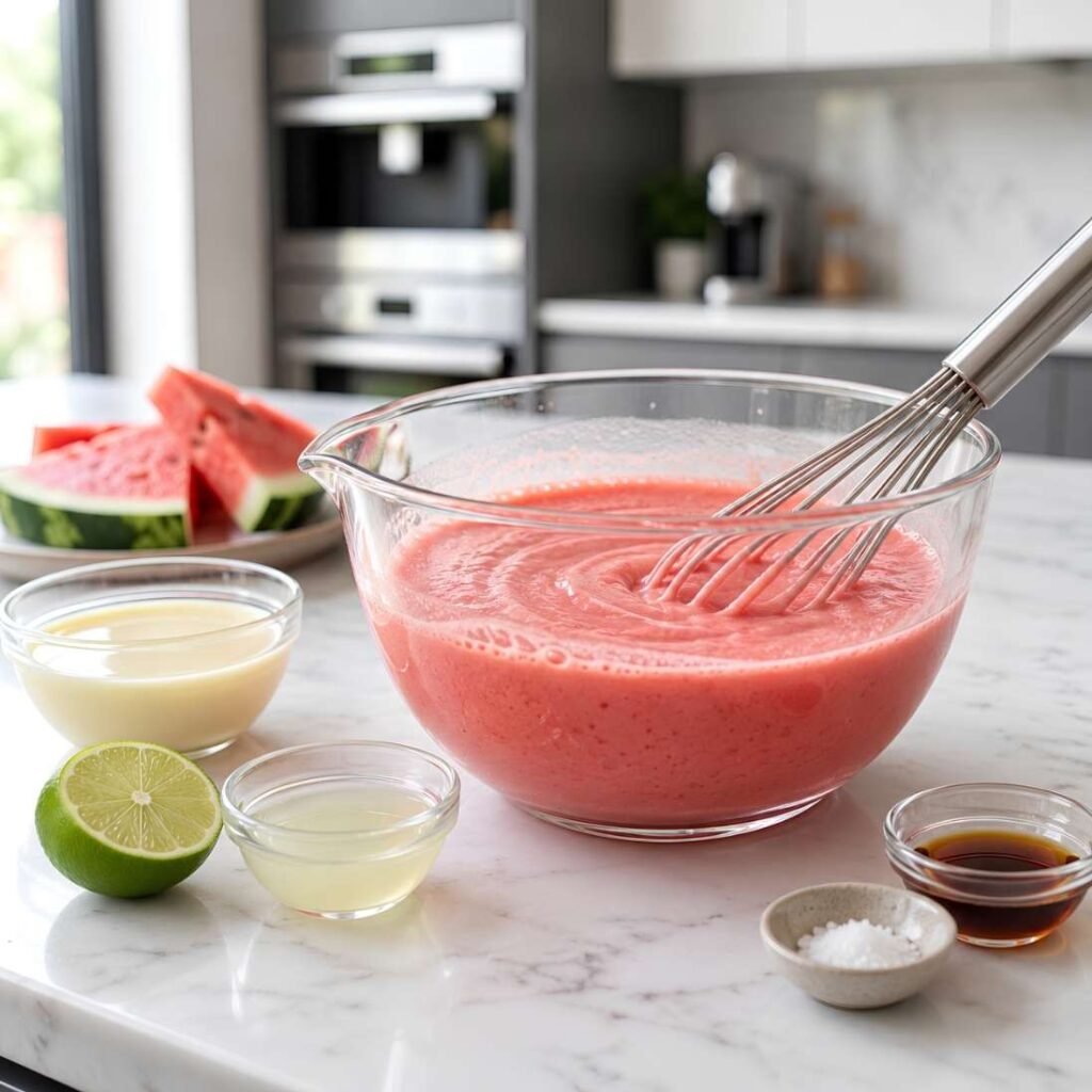 Prepare the Watermelon Mixture

Combine the strained watermelon juice with sweetened condensed milk,